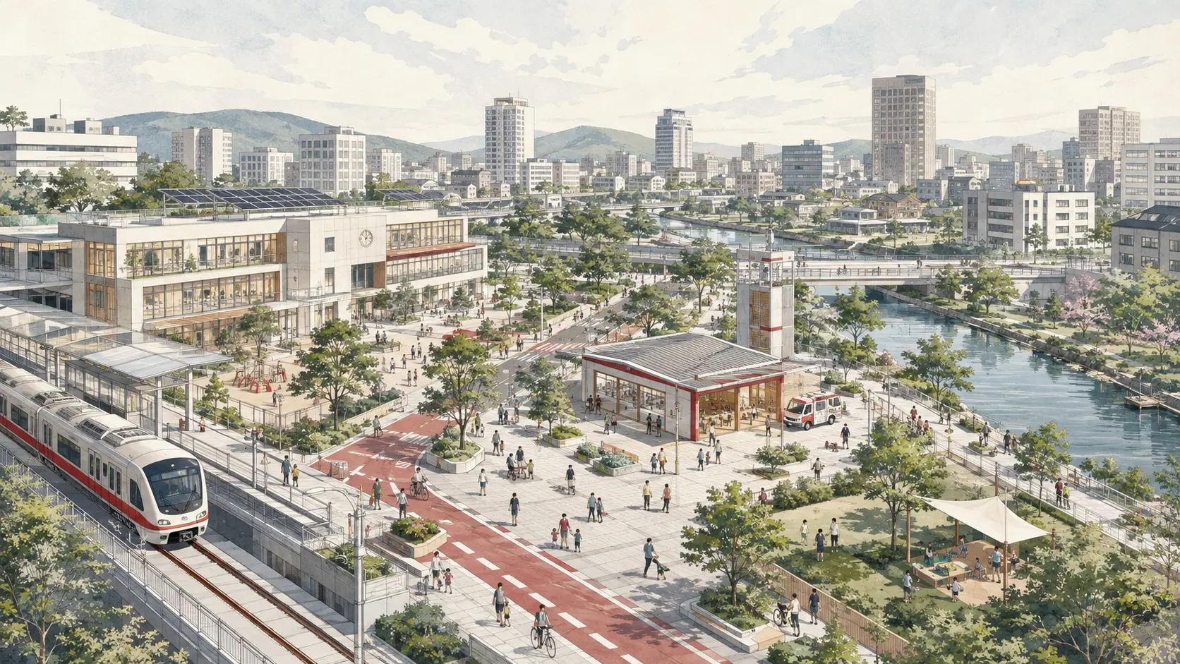 駅、文化施設、歩行空間がつながる都市の未来像を表した編集イラスト