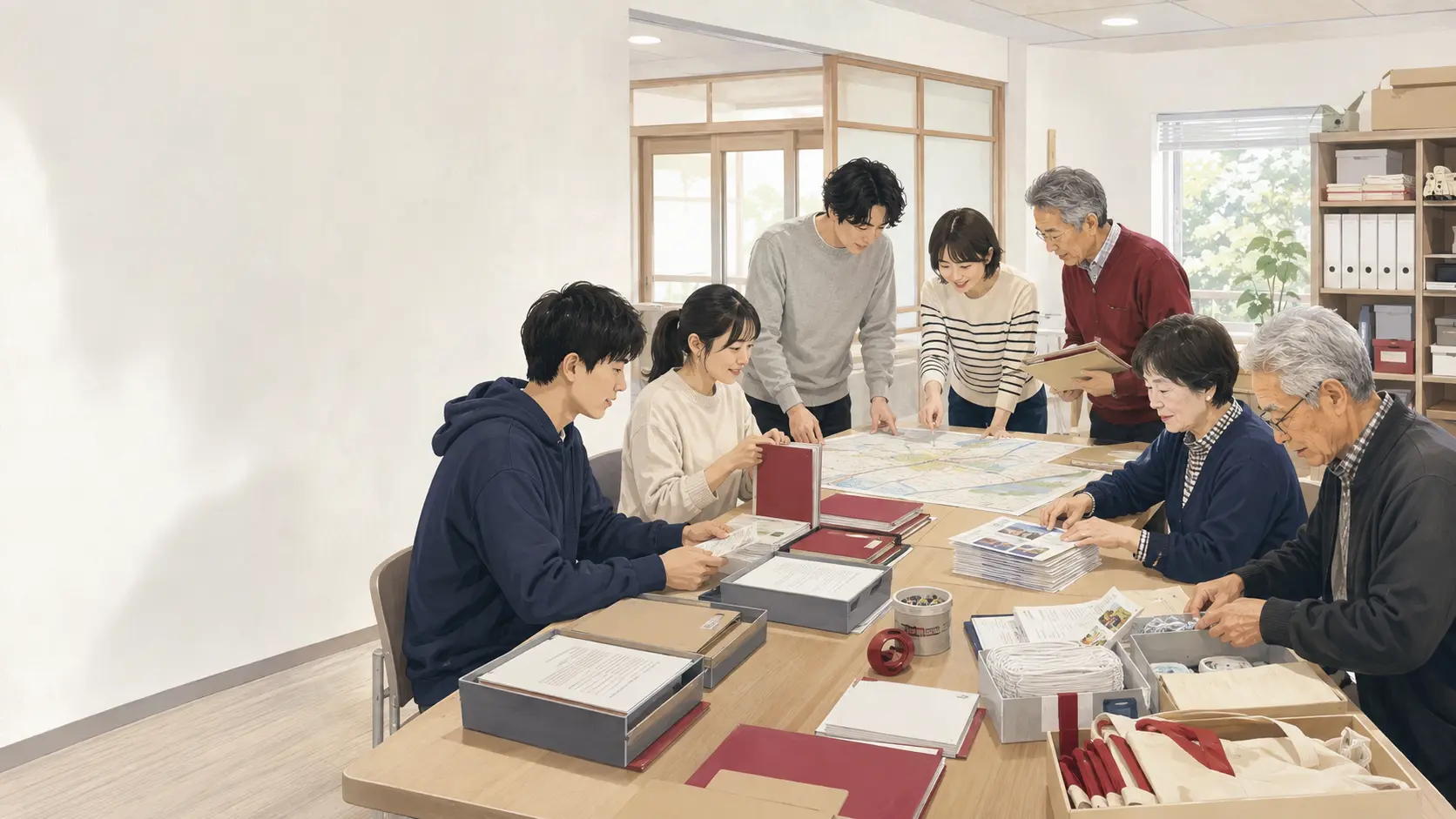 地域事務所で資料整理やイベント準備に取り組む多世代のボランティア(イラスト)